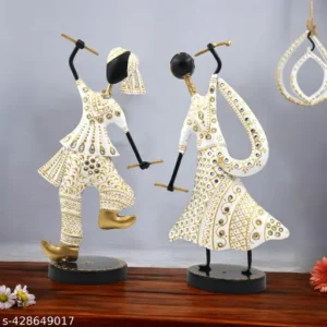 Metal White Finish Dandiya Gujrati Couple Garba Sculpture Set Of Two