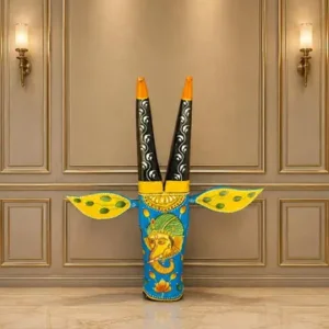 Handicraft Wooden Cow Face Head Blue Yellow With Multiple Colours Design Indian Folk Art Thanks Giving Decorative Wall Hanging Cow Wall Mask Fool Pati Painting Lord Ganesha Painting On Cow Head Living Room Puja Room Office 12 Inch Height Home Decor