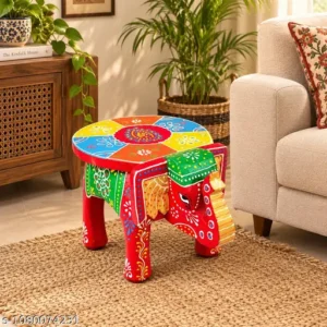 Handcrafted Wooden Elephant Stool Hahti Stool Decorative Side Table Indian Folk Art Red With Multiple Colours Design Rajasthani