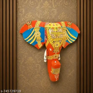 Hand Crafted Wooden Elephant Figurine For Wall Hanging Mango Wood Goldorenge Blue With Multiple Colours Design Home Decor Living Room Bed Roompuja Room And Office Use Decorative Wall Hanging Wall Mask Woooden Elephant Soond Wall Decor 10 Inch Height
