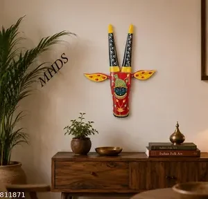 Handicraft Wooden Cow Face Head Red Black Yellow With Multiple Colours Design Lord Krishna Painting Folding Ears Mango Wood Fine Painting Thanks Giving Indian Folk Art Decorative Wall Hanging Wall Mask Handicraft Decoration 12 Inch Height Home Decor