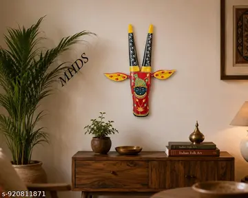 Handicraft Wooden Cow Face Head Red Black Yellow With Multiple Colours Design Lord Krishna Painting Folding Ears Mango Wood Fine Painting Thanks Giving Indian Folk Art Decorative Wall Hanging Wall Mask Handicraft Decoration 12 Inch Height Home Decor