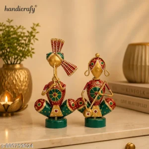 Handcrafted Metal Musical Couple Showpiece Set Of 2 Rajasthani Folk Art Figurines Traditional Home Decor Multicolor Antique Finish 9 Inch