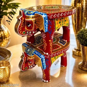 Handcrafted Wooden Double Elephant Side Table Elephant Shape Stool Mini Stool Set Of 2 Traditional Indian Style Red Yellow With Multiple Color Design Decorative Side Table Small Bajot Thanks Giving Mini Puja Chowki 4 Inch Height Home Decor