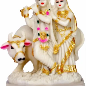 Radha Krishna Cow Idol White Radha Krishna Murti With Cow For Home Temple Pooja Room Decor Shri Radha Krishna Idol For Mandir Vastu Daily Worship Decorative Religious Showpiece For Home Office Diwali Gift Janmashtami Housewarming Festival Gifting 10 Inch