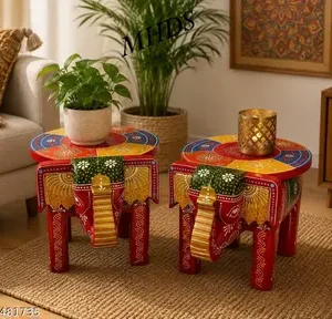 2 Hand Crafted Wooden Elephant Hathi Stool For Living Room Bed Room Decorative Side Table Red And Multiple Colours Thanks Giving Woooden Puja Chowki Indian Folk Art Rajasthani Bajot Multiple Use Desk In Elephant Figurine 8 Height And 12 Inch Length Home Decoration Set Of 2