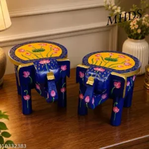 2 Handi Craft Wooden Elephant Stool Hathi Stool Blue And Multiple Colours Design Rajasthani Bajot Decorative Side Table Thanks Giving Puja Chowki Indian Folk Art Multiple Use Desk In Elephant Figurine 8 Inch Height Home Decor Set Of 2