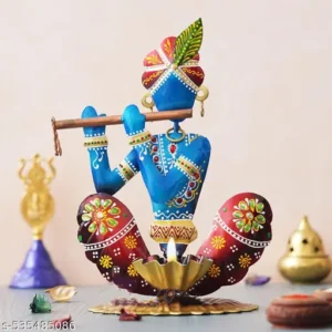 Handmade Handpainted Iron Krishna Showpiece For Home Decor Flute Playing Krishna Idol 105 Inch Pooja Room Gift Item