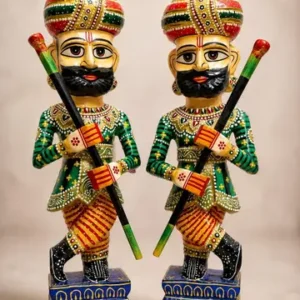 Rajasthani Wooden Chowkidar Pair Hand Painted Traditional Decorative Showpiece Ethnic Home Decor Hotel Decor
