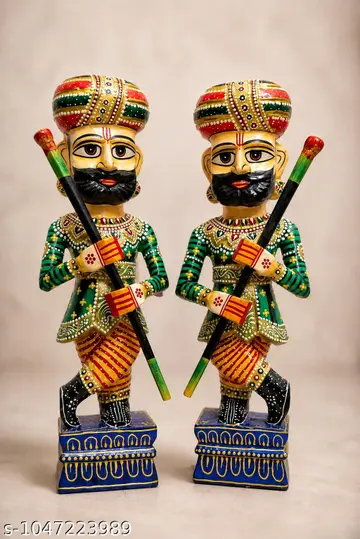 Rajasthani Wooden Chowkidar Pair Hand Painted Traditional Decorative Showpiece Ethnic Home Decor Hotel Decor