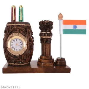 Wooden Pen Stand with Clock - Ashok Stambh Pillar and National Flag
