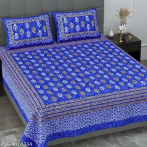 Jaipuri Cotton Double Bed Sheet With 2 Pillow Covers - Blue