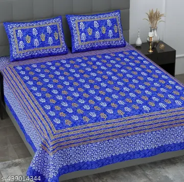 Jaipuri Cotton Double Bed Sheet With 2 Pillow Covers - Blue