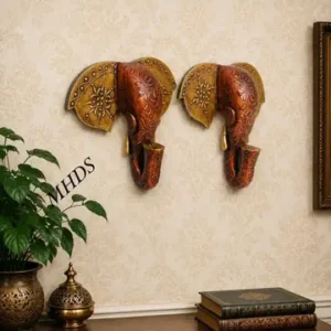 2 Hand Painted Wooden Elephant Figurine For Wall Decor Copper Colour In Antique Design Wooden Elephant Soond Hathi Soond Indian Folk Art Thanks Giving Decorative Wall Hanging Wooden Ganpati Face Elephant Soond Wall Decor Wooden Elephant Wall Mask 105 Inch Height Home Decor