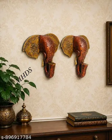 2 Hand Painted Wooden Elephant Figurine For Wall Decor Copper Colour In Antique Design Wooden Elephant Soond Hathi Soond Indian Folk Art Thanks Giving Decorative Wall Hanging Wooden Ganpati Face Elephant Soond Wall Decor Wooden Elephant Wall Mask 105 Inch Height Home Decor