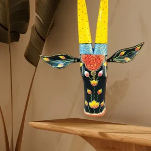 Handcrafted Wooden Cow Face Head For Wall Hangings Mango Wood Fine Painting Indian Folk Art Black Yellow With