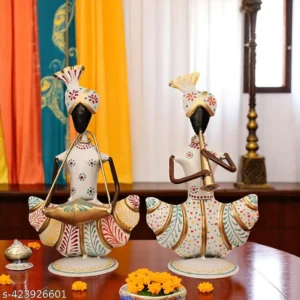 Hand Painted White Iron Musician Couple Festive Decor Vastu Positive Gift Item