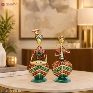 Handcrafted Metal Musical Couple Showpiece Set Of 2 Rajasthani Folk Art Figurines Small Size Home Decor Multicolor Antique Finish 9 Inch