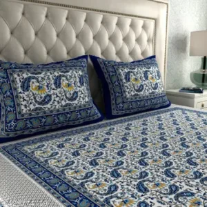 Jaipuri Fitted Bedsheet With 2 Pillow Covers - White
