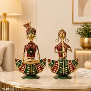 Handcrafted Metal Musical Couple Showpiece Set Rajasthani Folk Art Figurines Traditional Home Decor Multicolor Antique Finish 9 Inch Set Of 2