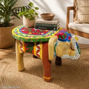 Handi Craft Wooden Elephant Stool Hathi Stool Mango Wood Natural Fool Pati Painting Woooden Design Green Yellowred With Multiple Colours Design Decorative Side Table Indian Folk Art Thanks Giving Rajasthani Bajot Woooden Puja Chowki 6 Inch Height And 8 Inch Length Home Decor