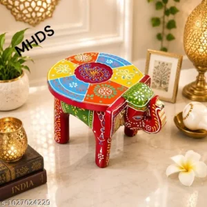 Colourful Handi Craft Wooden Elephant Stool Hathi Stool Indian Art Style Red With Multiple Colours Design Thanks Giving Decorative Side Table Wooden Puja Chowki Rajasthani Bajot Multiple Use Desk In Elephant Figurinewooden Stool 6 Inch Height And 8 Inch Length Home Decor