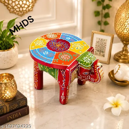 Colourful Handi Craft Wooden Elephant Stool Hathi Stool Indian Art Style Red With Multiple Colours Design Thanks Giving Decorative Side Table Wooden Puja Chowki Rajasthani Bajot Multiple Use Desk In Elephant Figurinewooden Stool 6 Inch Height And 8 Inch Length Home Decor