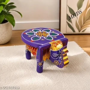 Handi Craft Wooden Elephant Stool Rajasthani Mini Stool Indian Folk Art Decorative Side Table Thanks Giving Puja Chowki Purple With Multiple Colours Design 4 Height Small Size Home Decor