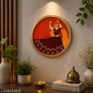 Hand Painted Dancing Figure Wall Plate Traditional Indian Art Round Decorative Platter With Green Border Orange Red With Multiple Colours Design Decortive Wall Hanging Wall Mask Thanks Giving Wooden Frame For Wall Decor Size 12 Inch