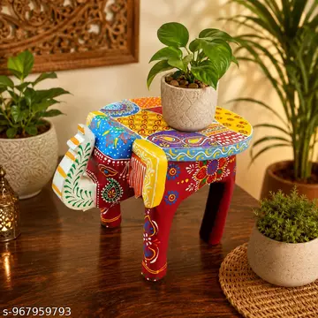 Handicraft Wooden Elephant Stool Hathi Stool For Living Room Bed Room Office Puja Room Decorative Side Table Wood Stool Rajasthani Bajot Red Yellow And Multiple Colours Design Thanks Giving Puja Chowki Indian Folk Art Mango Wood 8 Height Home Decor