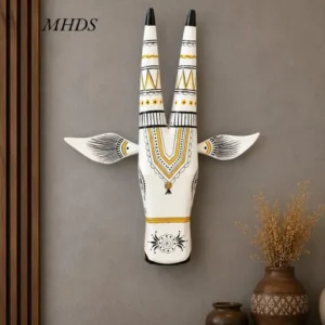 Colourful Handcrafted Wooden Cow Face Head For Wall Decor Decorative Wall Hanging Wall Mask Wooden Cow Statue White
