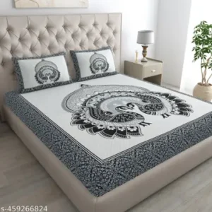 Jaipuri Cotton Double Bedsheet With 2 Pillow Covers - Grey Peacock