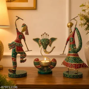 Handcrafted Metal Dancing Couple With Ganesha Diya Showpiece Set Rajasthani Folk Art Home Decor Large Size Decorative Set Multicolor Antique Finish 12 Inch Set Of 3