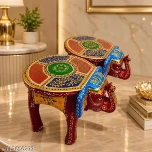 2 Handi Craft Wooden Elephant Stool Hahti Stool Red Gold Blue With Multiple Colours Design Thanks Giving Decorative Side Table Thanks Giving Indian Folk Song Rajasthani Bajot Wooden Puja Chowki Multiple Use Desk In Elephant Figurine 8 Inch Height Home Decor Set Of 2