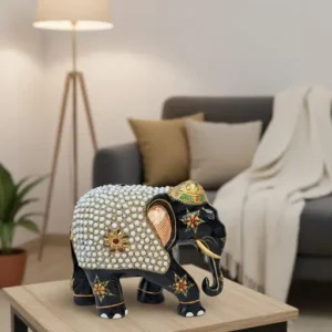 Decorative Wooden Elephant Figurine Black with Pearl Stonework 19 x 10 x 15 cm