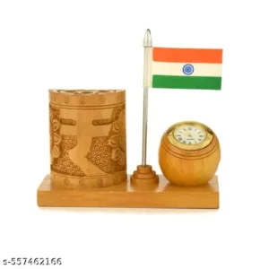 Wooden Rupee Pen Stand with Clock and Flag 35 Inchs