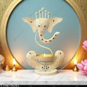 Handcrafted Ganesha T Light Holder In Pearl Elegance Finish Premium Home Temple Decor 11 Inch