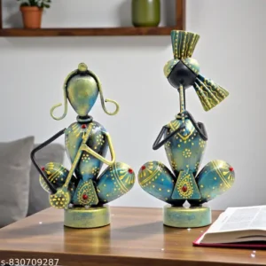 Rustic Blue Sitting Musician Couple Showpiece Set Of 2 7Inch