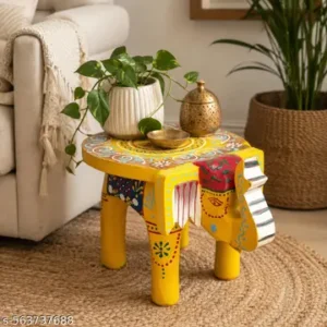 Hand Painted Indian Folk Art Wooden Elephant Stool Hathi Stool Stool Yellow With Floral Design Decorative Step Stool Indian Folk Art Rajasthani Bajot Wooden Puja Chowki Multiple Use Desk Thanks Giving 5 Inch Height Home Decor