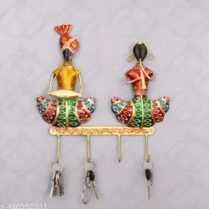 Tribal Couple Metal Key Holder Handpainted Wall Art With 4 Hooks 11X2X12 Inches