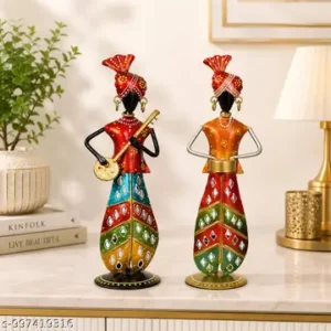 Handcrafted Metal Rajasthani Musician Couple Showpiece For Home Decor Set Of 2 115 Inch