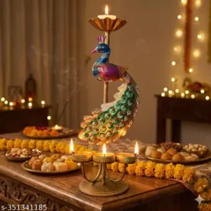 Metal Peacock T Light Candle Holder Showpiece