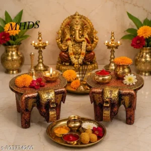 Set Of 2 Handcrafted Wooden Elephant Stool Hahti Stool Wooden Puja Chowki Rajsthani Bajot Coper Colour With Antique
