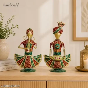 Handcrafted Metal Musical Couple Showpiece Set Of 2 Rajasthani Folk Art Figurines Traditional Home Decor Multicolor Antique Finish 9 Inch