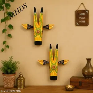 2 Colour Full Wooden Cow Face Cow Head For Home Decor Office Puja Room Indian Folk Art Gold Black With Multiple Colours Design Thanks Giving Cow Head Decorative Wall Hanging Wall Mask Wall Decor Foldable Ear Esiliye Installation 12 Inch Height 2 Combo Set Home Decor