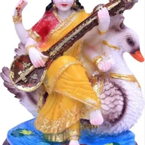 Goddess Saraswati Idol With Swan Veena Maa Saraswati Murti For Home Temple Puja Vidya Devi Statue Mandir Decor Study Room Office Goddess Murti Basant Panchami Puja Special Diwali Navratri Festival Gift Housewarming Return Gift Traditional Indian Spiritual Decorative Showpiece 8 Inch