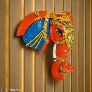 Hand Painted Wooden Elephant Figurine For Wall Hanging Indian Traditional Handicraft Decorative Wall Hanging Wooden Wall Mask Orenge
