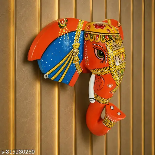 Hand Painted Wooden Elephant Figurine For Wall Hanging Indian Traditional Handicraft Decorative Wall Hanging Wooden Wall Mask Orenge