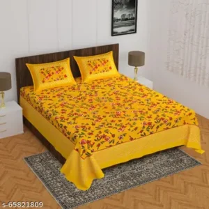 89 by 25 Cotton Bedsheet With 2 Pillow Covers - Yellow Floral
