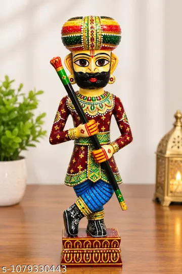 Rajasthani Wooden Chowkidar Statue Traditional Hand Painted Home Decor Showpiece